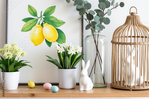 Easter Decoration With Bunny Figures Spring Flowers Lemons And Eggs On Wooden Shelf
