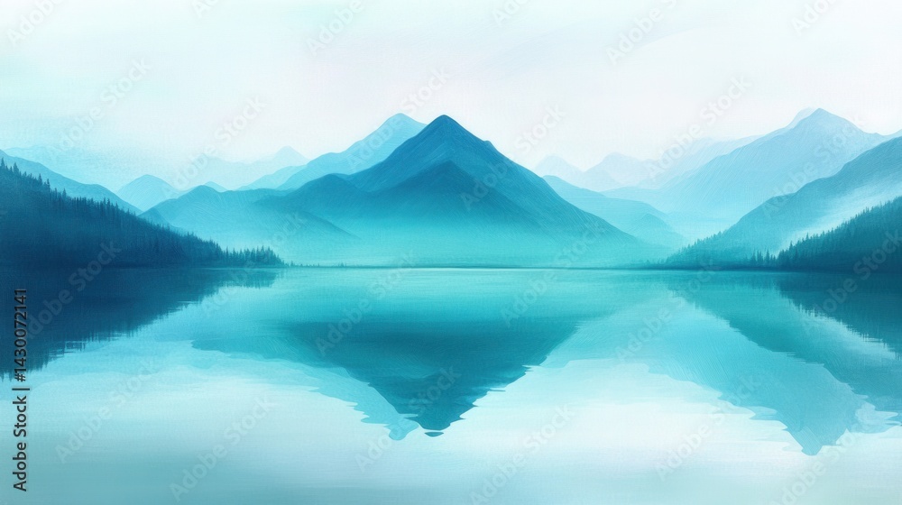 Fototapeta premium Serene mountain landscape reflecting in tranquil water, featuring a majestic peak and ethereal blue hues in a minimalist, zen-like scene.