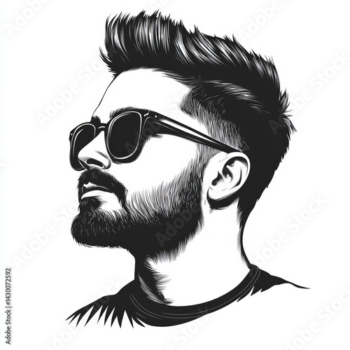 A black and white illustration of a trendy male figure with a full beard, stylish haircut, and sunglasses embodies a sophisticated silhouette