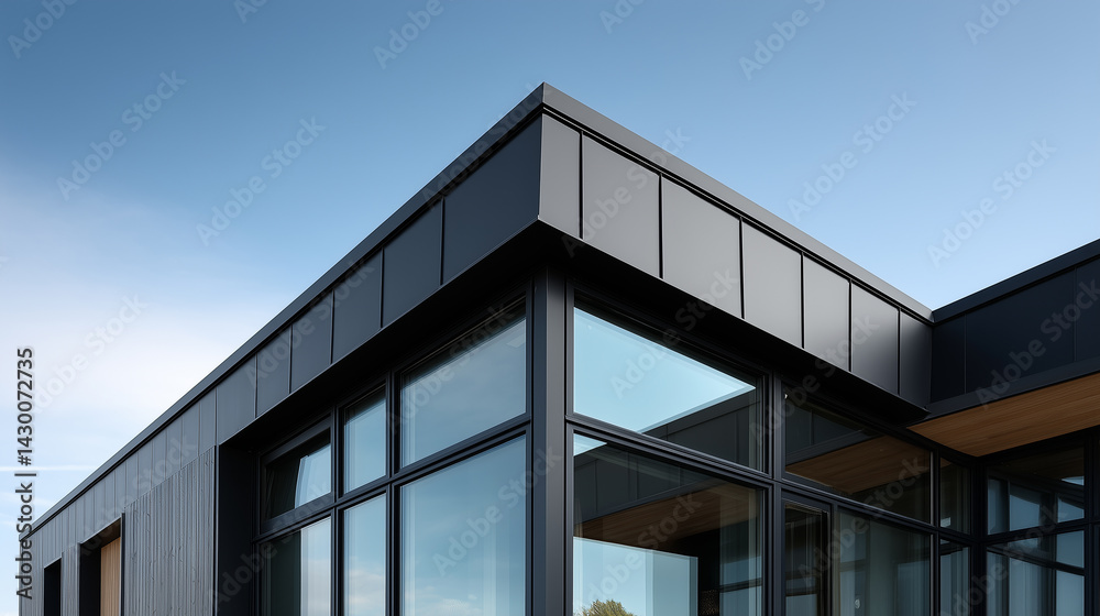 Fototapeta premium Black Metal Roof on Modern House Under Clear Sky