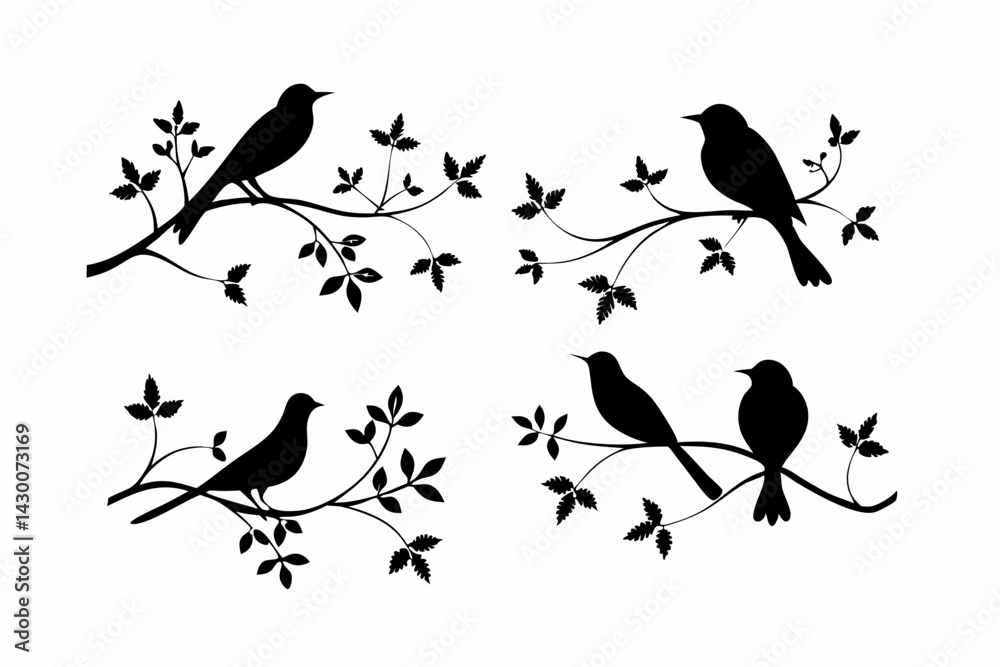 Fototapeta premium set of birds on a branch vector silhouette illustration isolated on white background