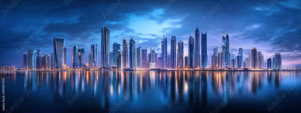 Stunning twilight cityscape reflected in calm water. Stunning twilight cityscape reflected in calm water.