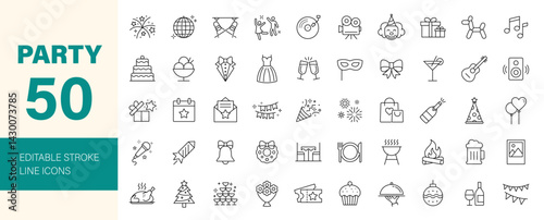 Party icon set. Containing birthday, wedding party, dancing, happy new year, week, Christmas, event, holiday, carnival, life music, celebration and more. Editable line icons. Vector illustration.
