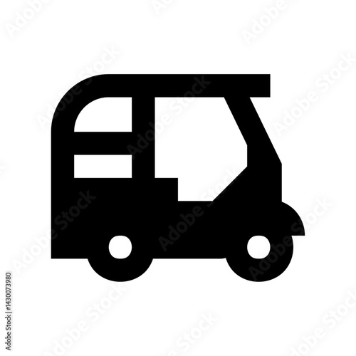 Illustration of a black auto rickshaw with a simple design and rounded wheels on a white background