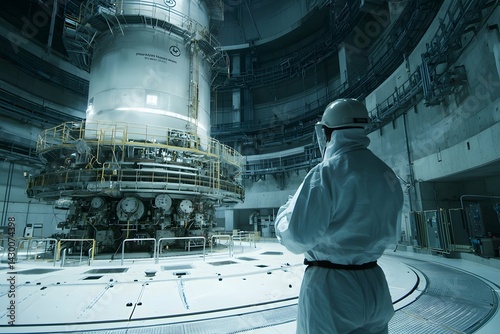 A nuclear engineer in safety gear meticulously inspects reactor components at a cutting-edge facility to ensure the highest