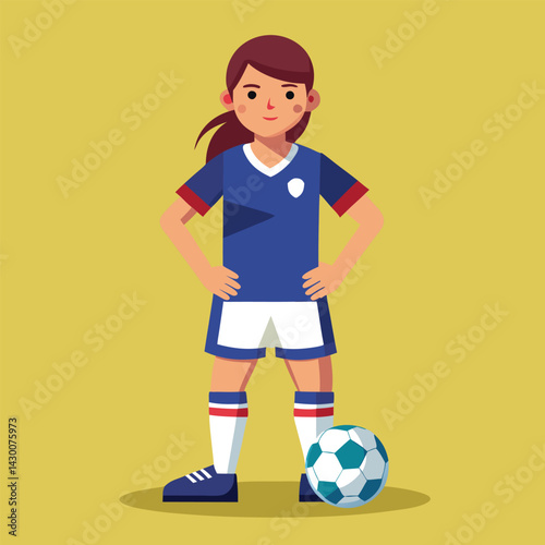 Soccer women, female football player with ball, isolated vector , high contrast illustration, front view 