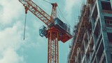 Construction crane lifting materials at a large building site. Featuring power and precision