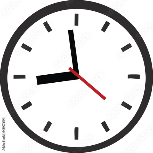 Vector Illustration of a Minimalist Round Clock Face with Black and White Design, Red Second Hand, and 9:00 Time Display in Clean Analog Style


