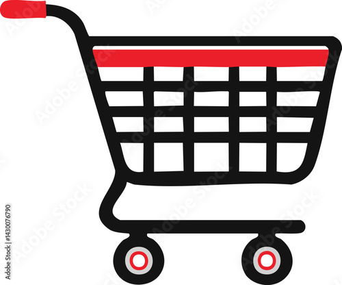 shopping cart icon, Vector Illustration of a Shopping Cart Icon in Minimalist 2D Design with Black Outline, Red Accents, and Clean Lines on White Background – Ideal for E-commerce and Retail Concepts
