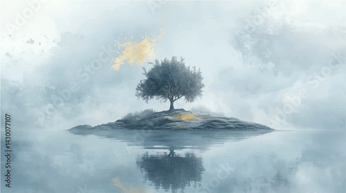Vector illustration. Abstract olive tree on island, watercolor