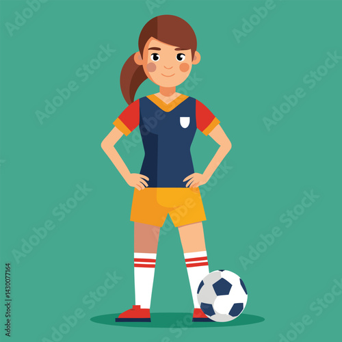 Soccer women, female football player with ball, isolated vector , high contrast illustration, front view 