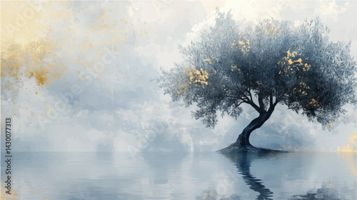 Vector illustration. Abstract olive tree on island, watercolor
