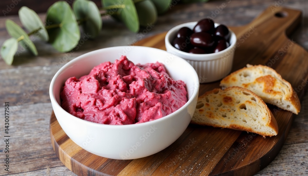 Delicious beetroot dip served with olives and bread on wooden board Delicious beetroot dip served with olives and bread on wooden board