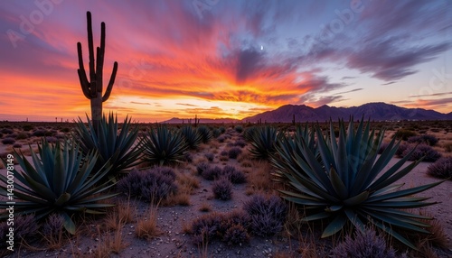 Desert landscape at sunset with cacti and agaves  