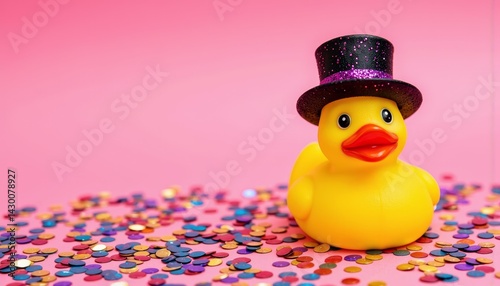 Rubber duck wearing a hat surrounded by colorful confetti  