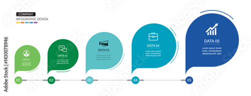 Infographics speech bubbles timeline with 5 number data template. Illustration abstract background.
