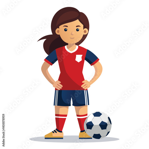 Soccer women, female football player with ball, isolated vector , high contrast illustration, front view 