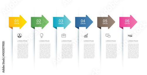 6 data infographics tab index with arrow layout template. Illustration business abstract background.