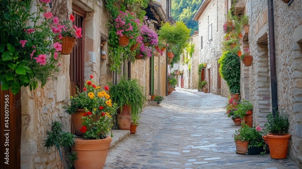 Fototapeta premium Picturesque stone street lined with colorful flowerpots.