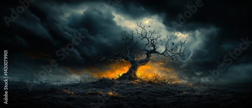Obraz na płótnie Apocalyptic Landscape: A lone, skeletal tree ablaze under a menacing, stormy sky w salonie