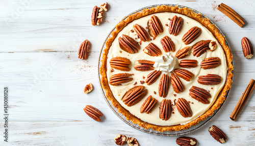 Wallpaper Mural Pumpkin Pie with whipped cream, pecan nut and cinnamon on white wooden background, top view, copy space. Homemade autumn pastry for Thanksgiving - piece of pumpkin pie Torontodigital.ca