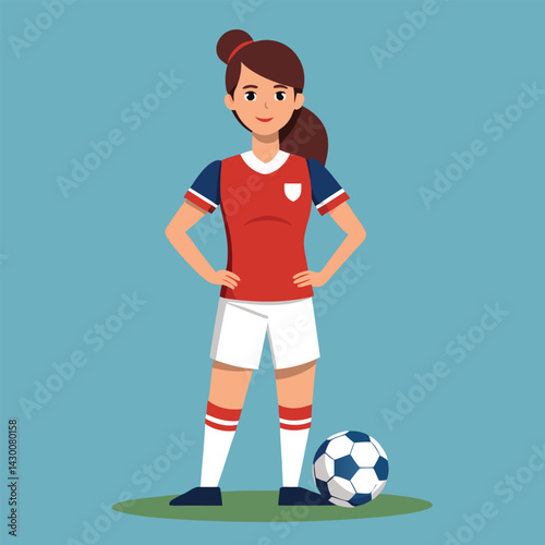 Soccer women, female football player with ball, isolated vector , high contrast illustration, front view 