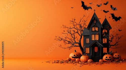 3D Halloween Haunted House with Tree, Bats, and Pumpkins on Orange Background