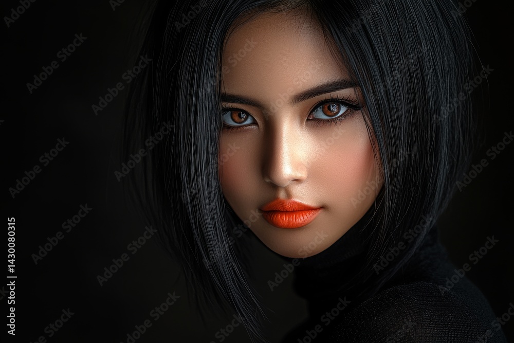 Vibrant red lipstick and striking highlights define the woman's face, which is enhanced by the light in a close-up photograph