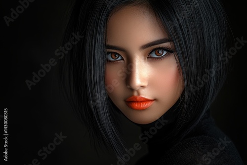 Vibrant red lipstick and striking highlights define the woman's face, which is enhanced by the light in a close-up photograph