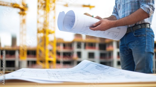 Construction supervisor reviewing plans at a construction site. Featuring leadership and strategy