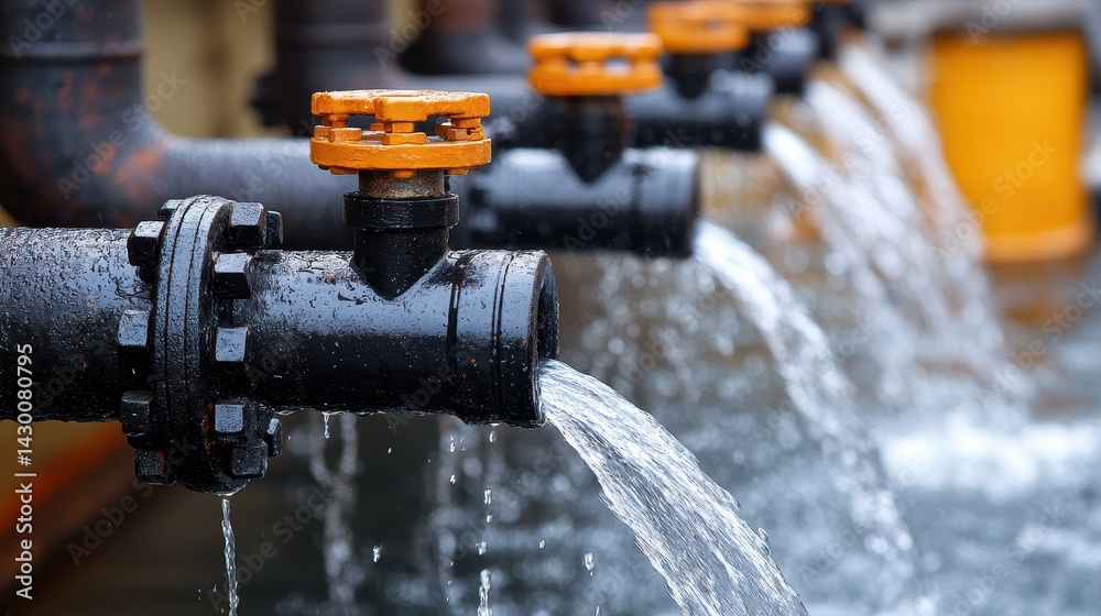 Black pipes with orange valves release water outdoors. Use in projects about plumbing, industry, or water management.