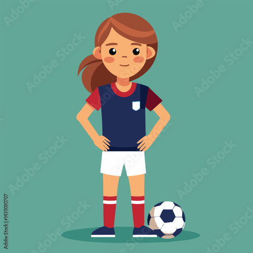 Soccer women, female football player with ball, isolated vector , high contrast illustration, front view 