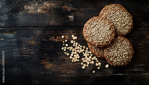 Homemade wholegrain cookies with oatmeal, lin and sesame seeds on dark rustic wooden table, copy space. Healthy vegan wholegrain cookies photo