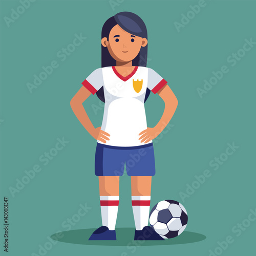 Soccer women, female football player with ball, isolated vector , high contrast illustration, front view 