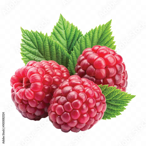 realistic fresh raspberries with leaves isolated on transparent background 