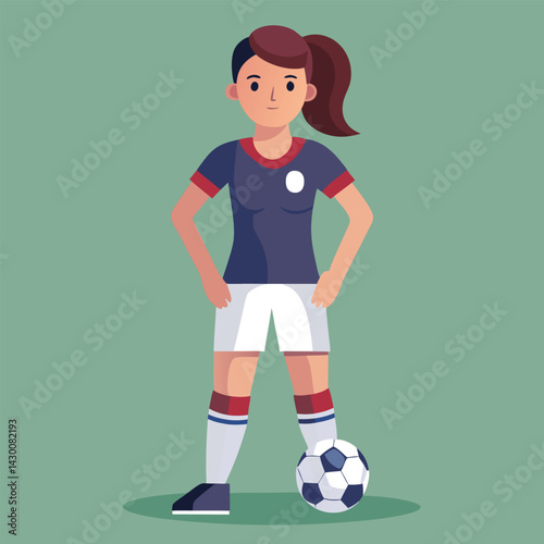 Soccer women, female football player with ball, isolated vector , high contrast illustration, front view 