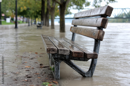 Obraz na płótnie A park bench is overwhelmed by river flood water after record breaking rainfall w salonie
