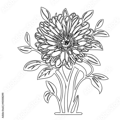 Detailed botanical illustration of a stylized flower arrangement on white