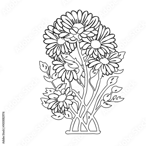 Detailed line drawing of blossoming chrysanthemums arrangement in a minimalist vase