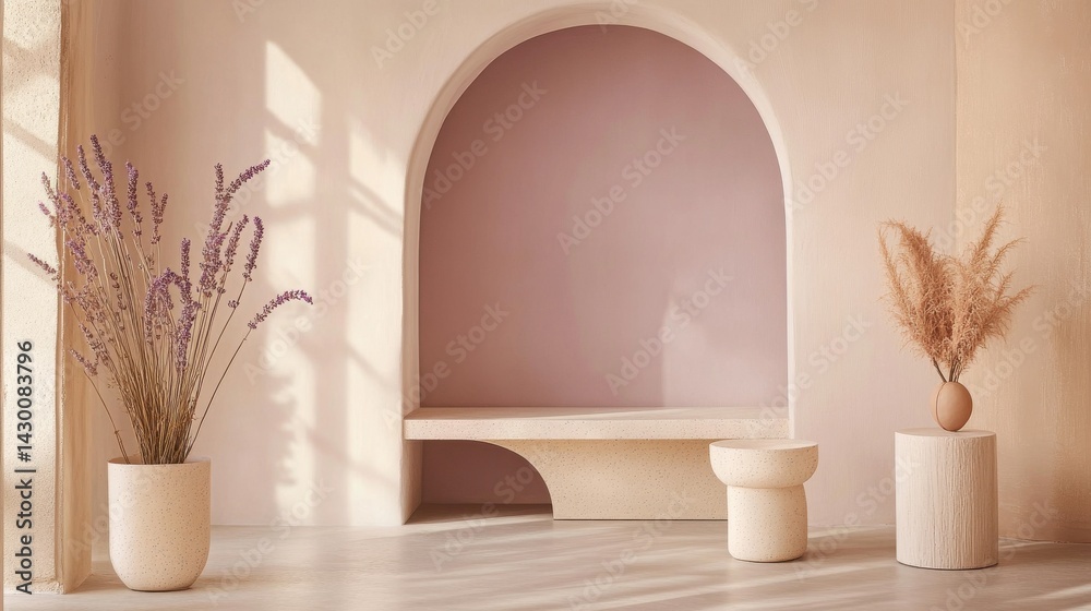 Elegant curved lavender and coral shapes blending into a minimalist home decor with natural light and soft textures Elegant curved lavender and coral shapes blending into a minimalist home decor with natural light and soft textures