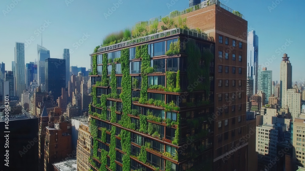 Obraz premium Urban building adorned with vertical gardens, showcases innovative green living architecture, integrated flora, modern design, sus