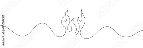 Fire one continuous line drawing. Abstract black and white minimal single line art, Flame in continuous one line drawing. Fire icon concept. EPS 10 . 