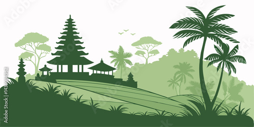 Ubud silhouette skyline vector featuring rice terraces, Balinese temples, jungle canopies, and traditional rooftops