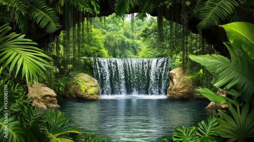 Lush tropical waterfall cascading into a tranquil pool.