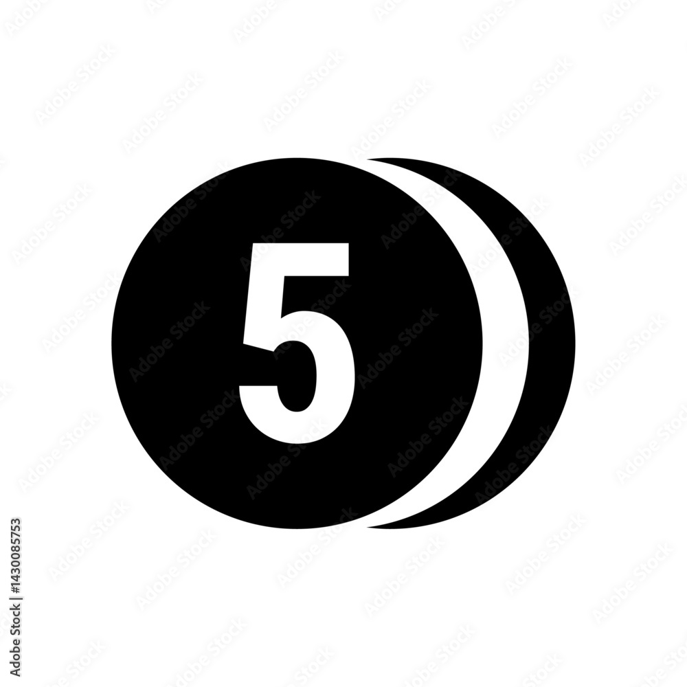 A black circle containing a white number five with a white arc on the right side of the circle edge A black circle containing a white number five with a white arc on the right side of the circle edge