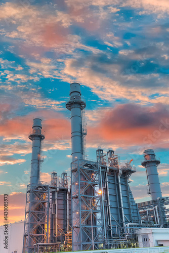 Gas turbine electrical power plant at dusk