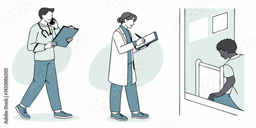 Doctor in a white coat with a stethoscope. Isolated on a white background. A medical worker holds a clipboard during an examination. Flat vector.