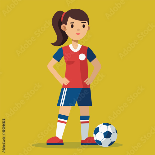 Soccer women, female football player with ball, isolated vector , high contrast illustration, front view 