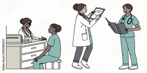 Doctor in a white coat with a stethoscope. Isolated on a white background. A medical worker holds a clipboard during an examination. Flat vector.