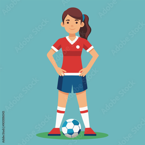 Soccer women, female football player with ball, isolated vector , high contrast illustration, front view 